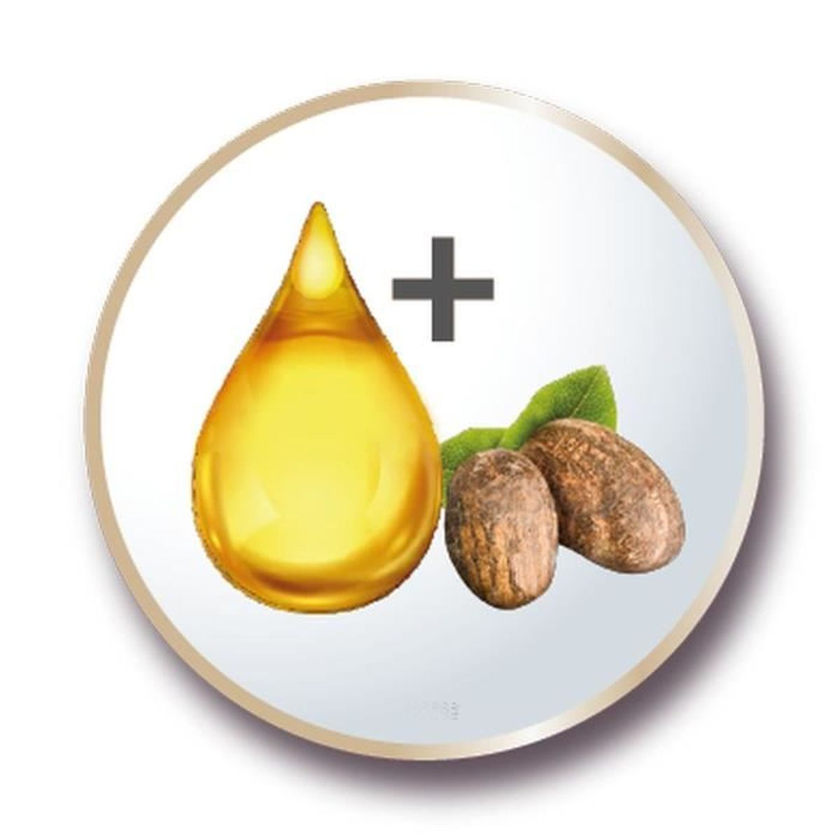 Sarı yağ damlası, artı işareti ve iki kahverengi shea fındığı.