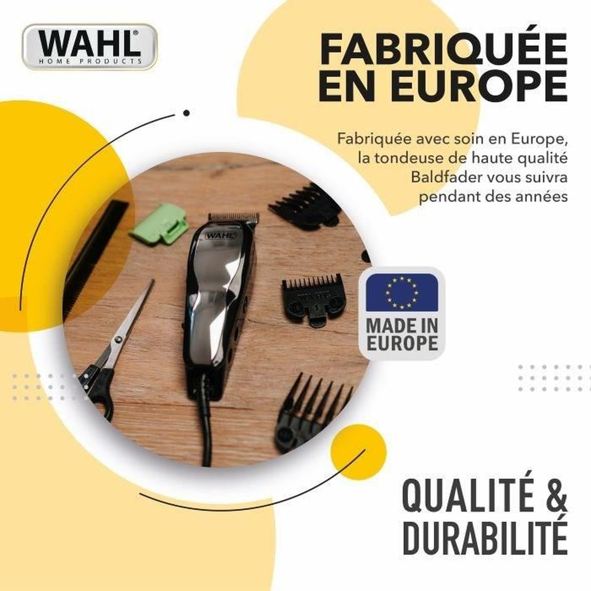 Haarschneider und Zubehör, mit Text über europäische Herstellung und Qualität.