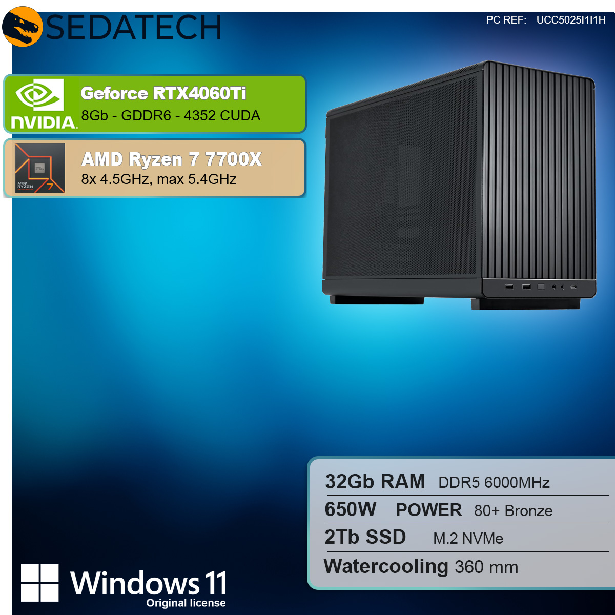 Czarna obudowa komputera z etykietami i listą specyfikacji na niebieskim tle.