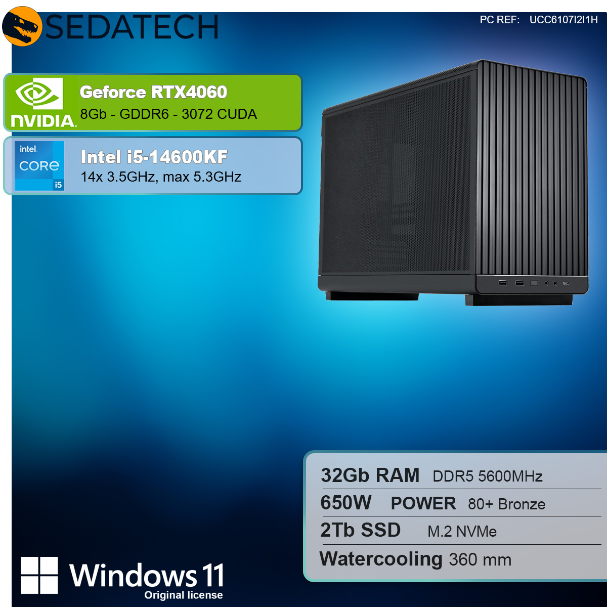 Tower per computer con componenti elencati. Include i loghi Nvidia, Intel e Windows.