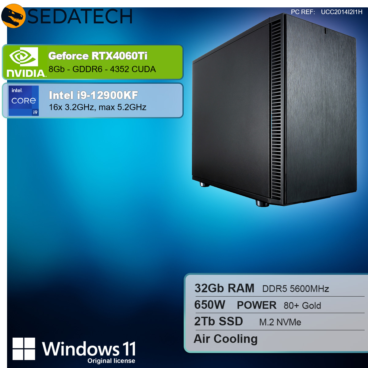 Ein schwarzes Computergehäuse mit Komponenten. Auf der Seite sind Spezifikationen für einen Gaming-PC aufgeführt.