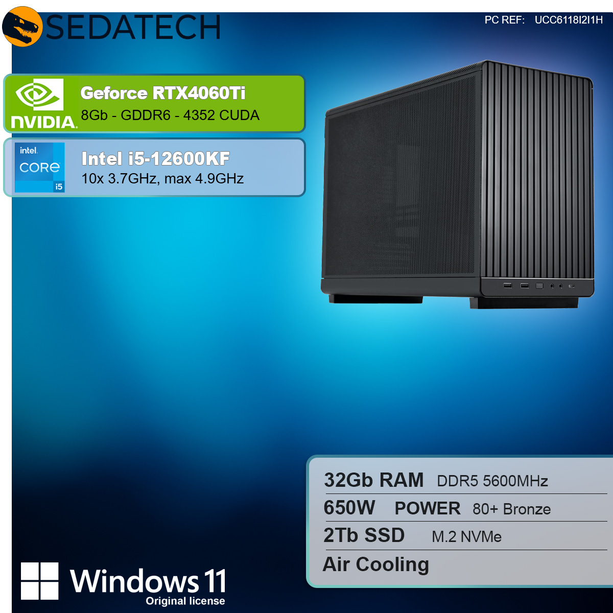 Desktop-Computer mit Nvidia-Grafik, Intel i5 Prozessor und Windows 11.