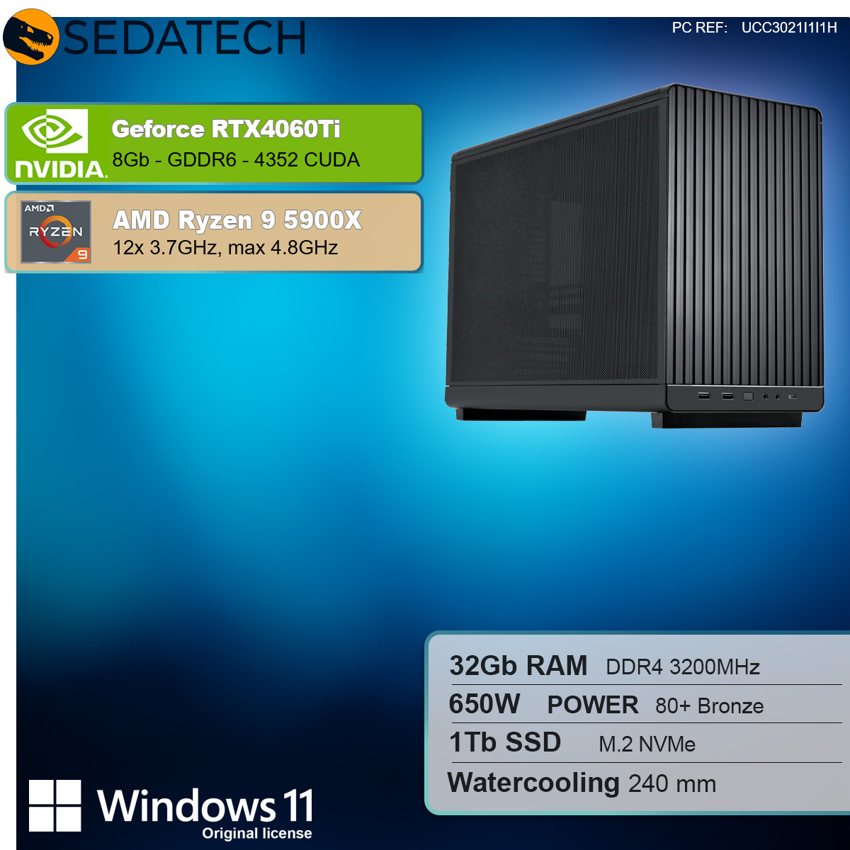 Case per computer nero con componenti elencati. Include Nvidia GeForce RTX4060Ti, AMD Ryzen 9 5900X e Windows 11.