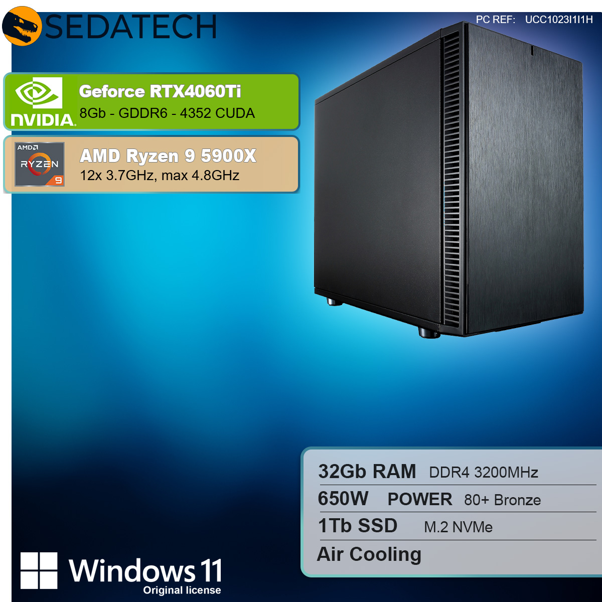 Czarna obudowa komputera ze specyfikacjami po lewej, w tym CPU, GPU i RAM.