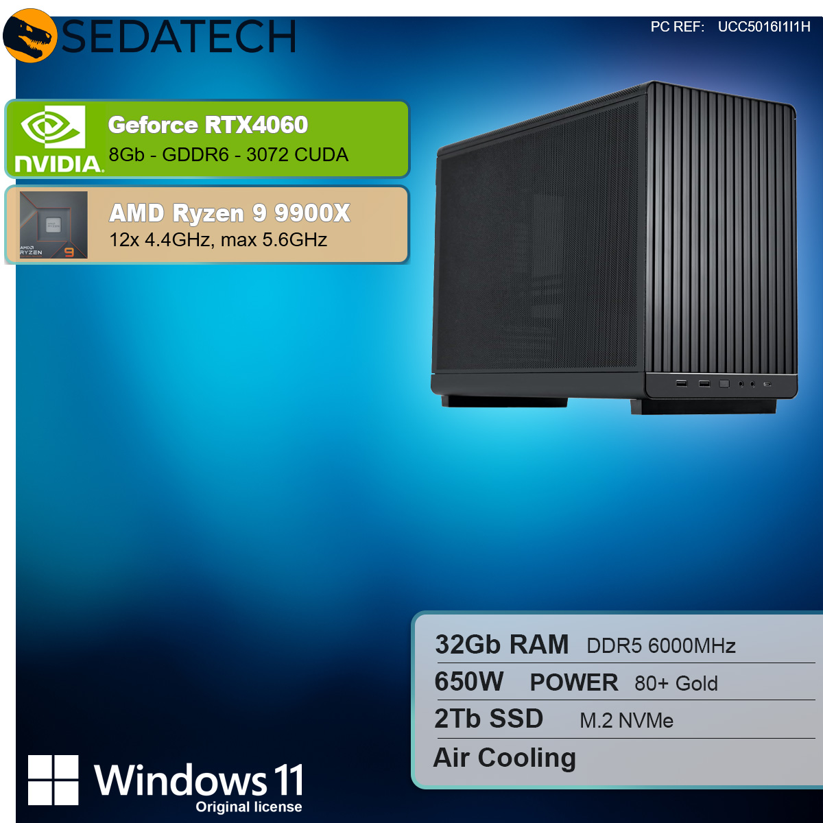 Case per computer nero con testo sui componenti, inclusa una scheda grafica.