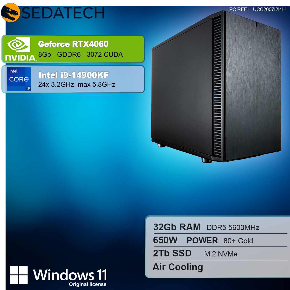Schwarzer Computerturm mit Grafikkartendetails: Nvidia RTX 4060, Intel i9-14900KF.