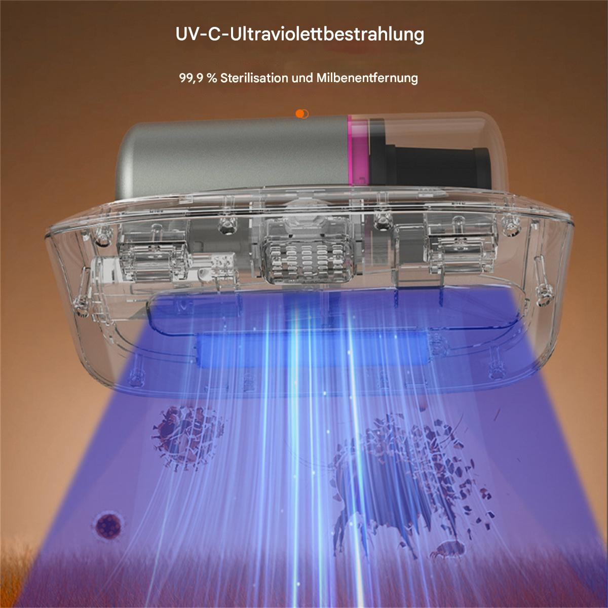Ein Luftreiniger, der blaues Licht aussendet. Das Gerät befindet sich in einem transparenten Gehäuse. Der Text lautet UV-C-Ultraviolettstrahlung.