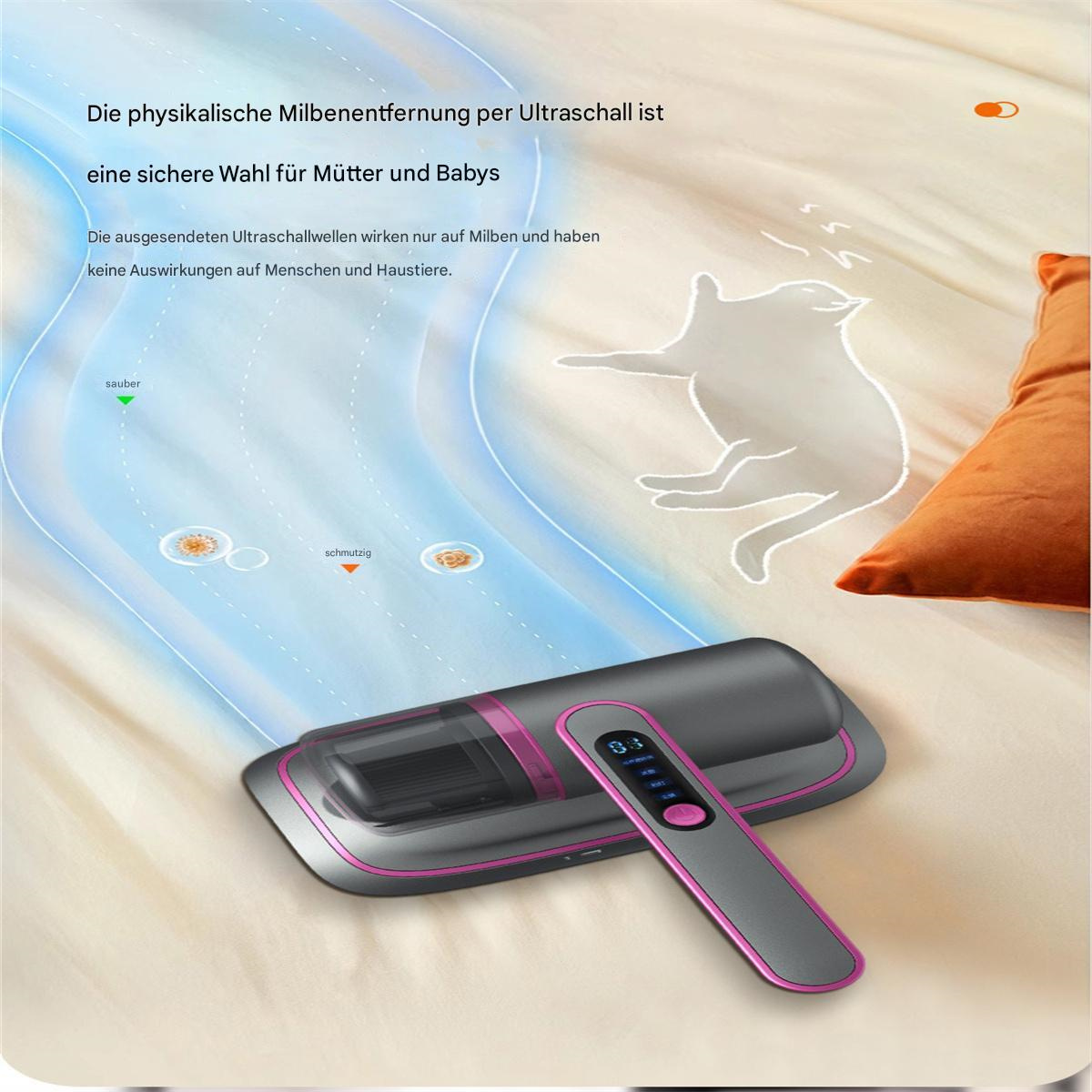 Gerät mit rosa und grau. Text: Die physikalische Milbenentfernung per Ultraschall ist eine sichere Wahl für Mütter & Babys.