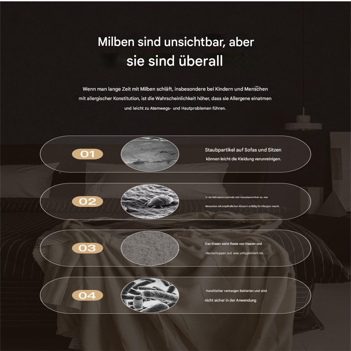 Ein Lehrposter über Hausstaubmilben und Allergene. Isoliert auf dunklem Hintergrund.