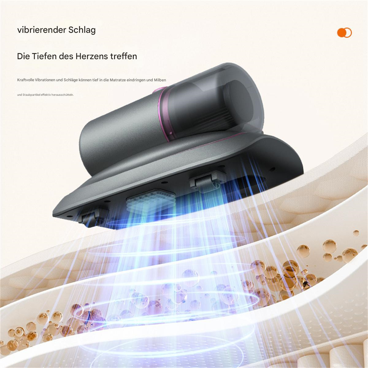 Ein Bettenreiniger mit Vibrationsfunktion, der eine Matratze reinigt.
