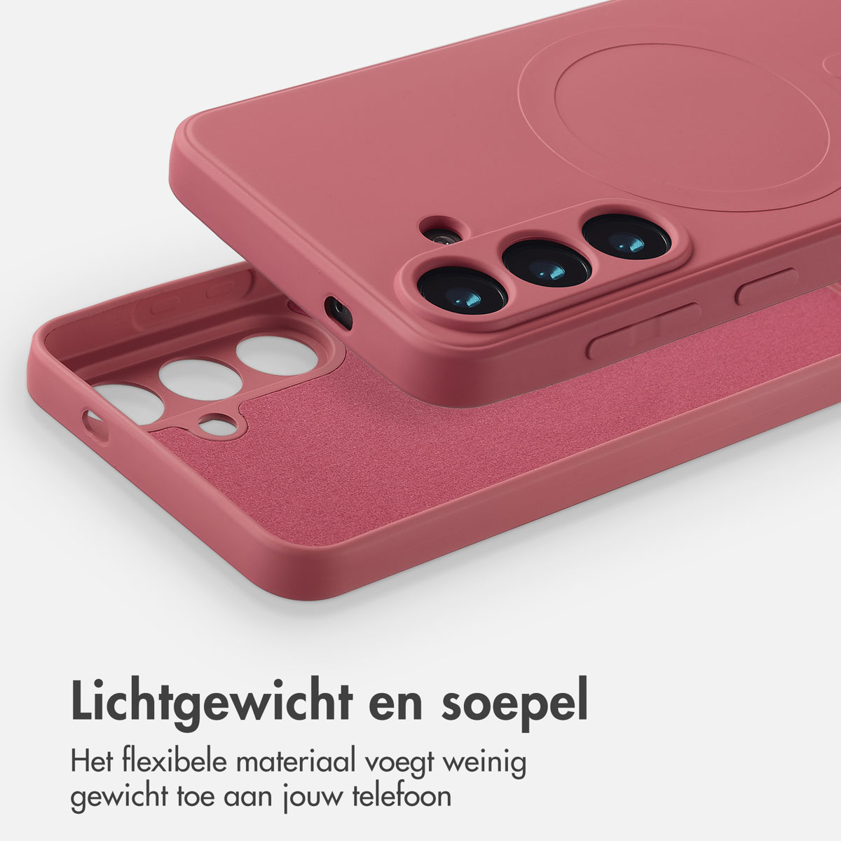 Een rode telefoonhoes wordt geopend getoond, met de binnenkant. De achtergrond is wit.