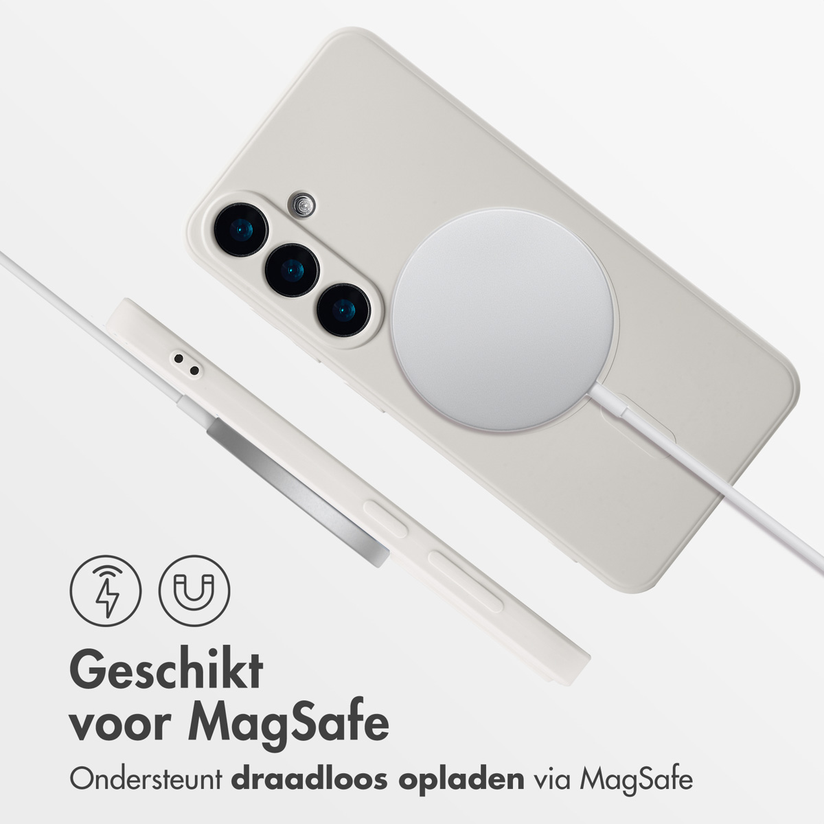 Een witte telefoon met een MagSafe-oplader, een witte hoes met een MagSafe-oplader en tekst met 'Geschikt voor MagSafe'.