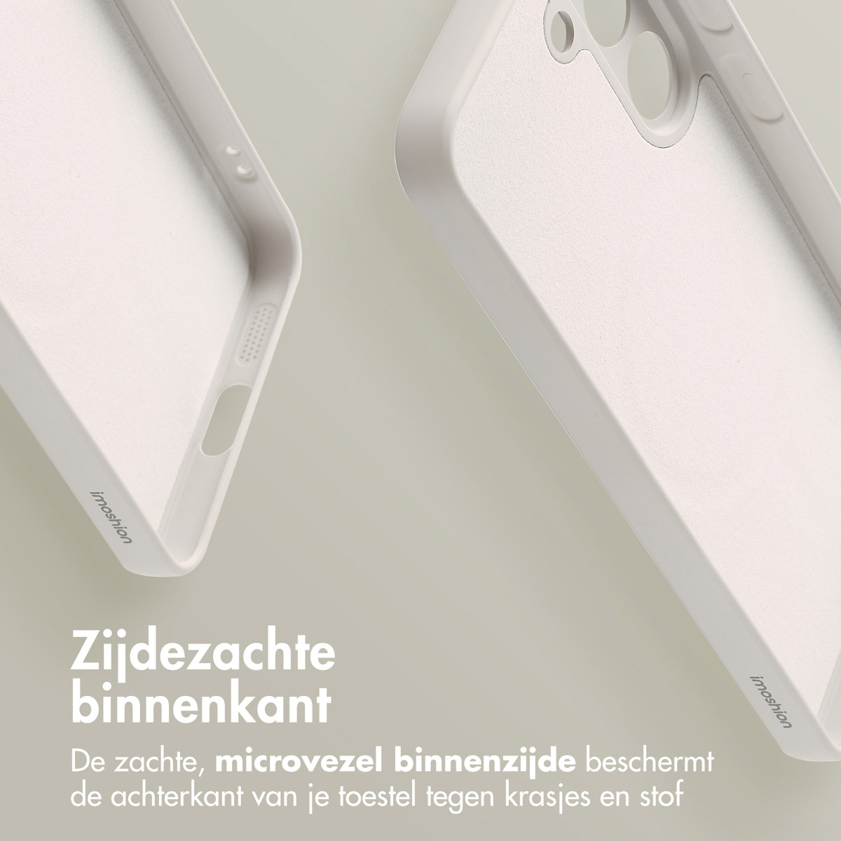Close-up van de binnenkant van een witte telefoonhoes, zachte microvezel.