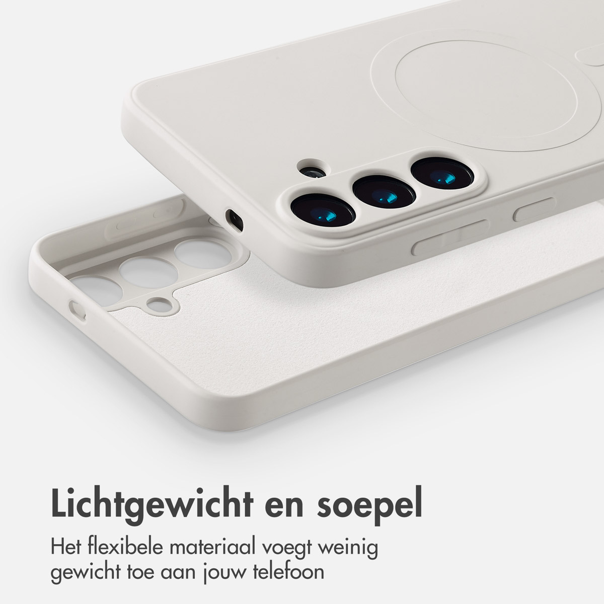 Een witte telefoonhoes met een camera-uitsparing, een telefoon erin en tekst die lichtgewicht zegt.