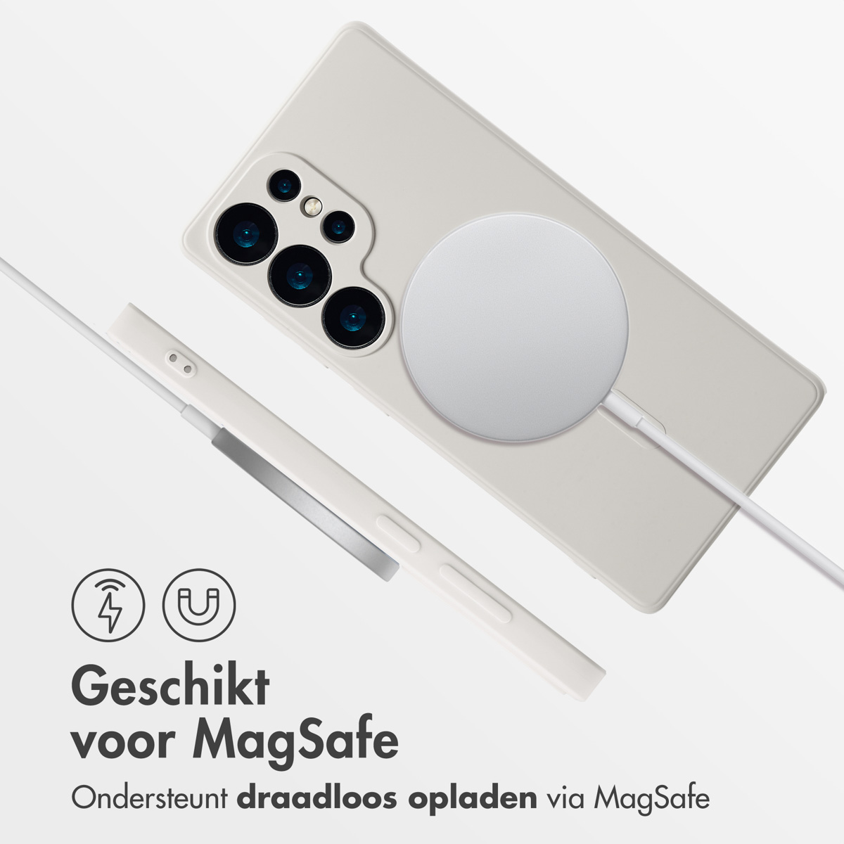 Telefoon met MagSafe-lader, wit en zilver, met tekst over draadloos opladen.