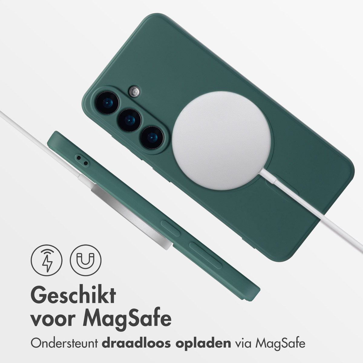 Een smartphone met een MagSafe-lader en een MagSafe-hoesje.