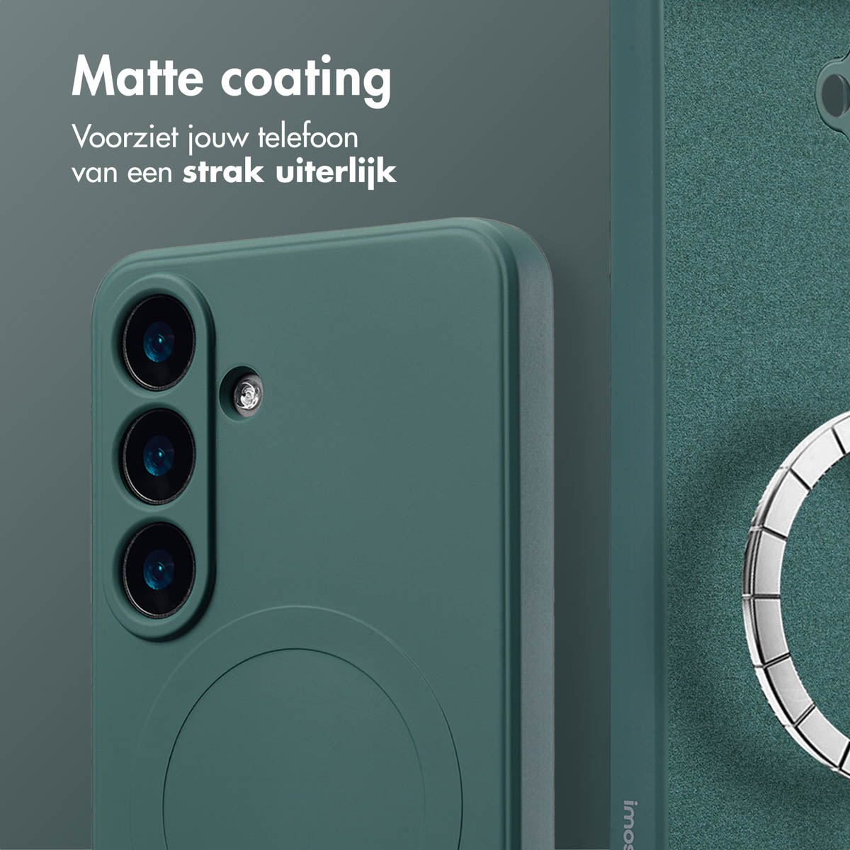 Een groene telefoonhoes met telefoon. De hoes heeft een MagSafe-cirkel en een ringhouder.