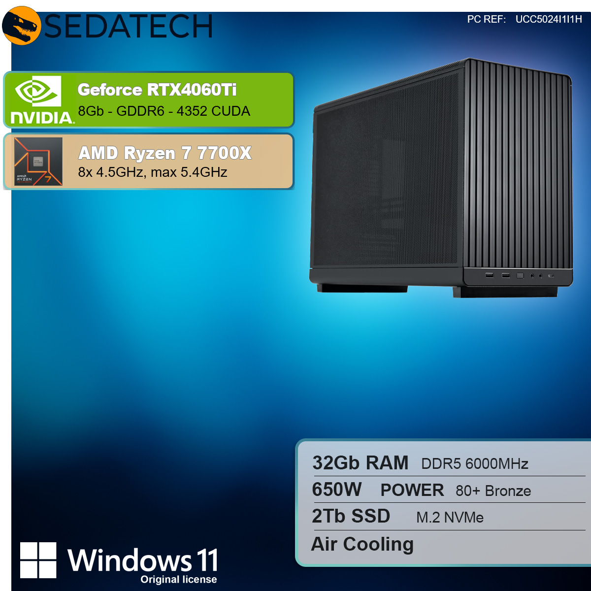 Un piccolo computer desktop nero con le specifiche NVIDIA GeForce RTX4060Ti e AMD Ryzen 7 7700X elencate.