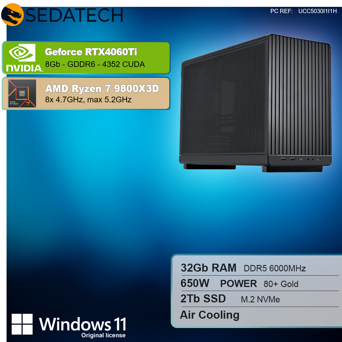 Czarna obudowa komputera z naklejkami Intel i Nvidia, specyfikacje: 32 GB RAM, 2 TB SSD, Windows 11.