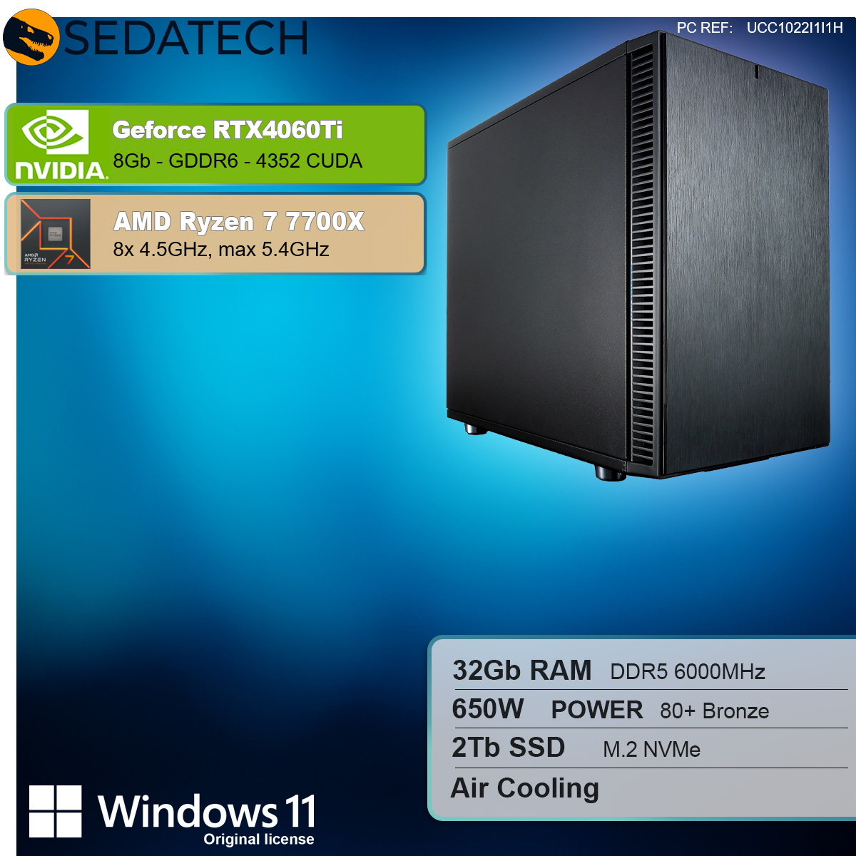 Czarna obudowa komputera. Posiada kartę NVIDIA GeForce RTX 4060Ti i AMD Ryzen 7 7700X. Pokazano Windows 11.
