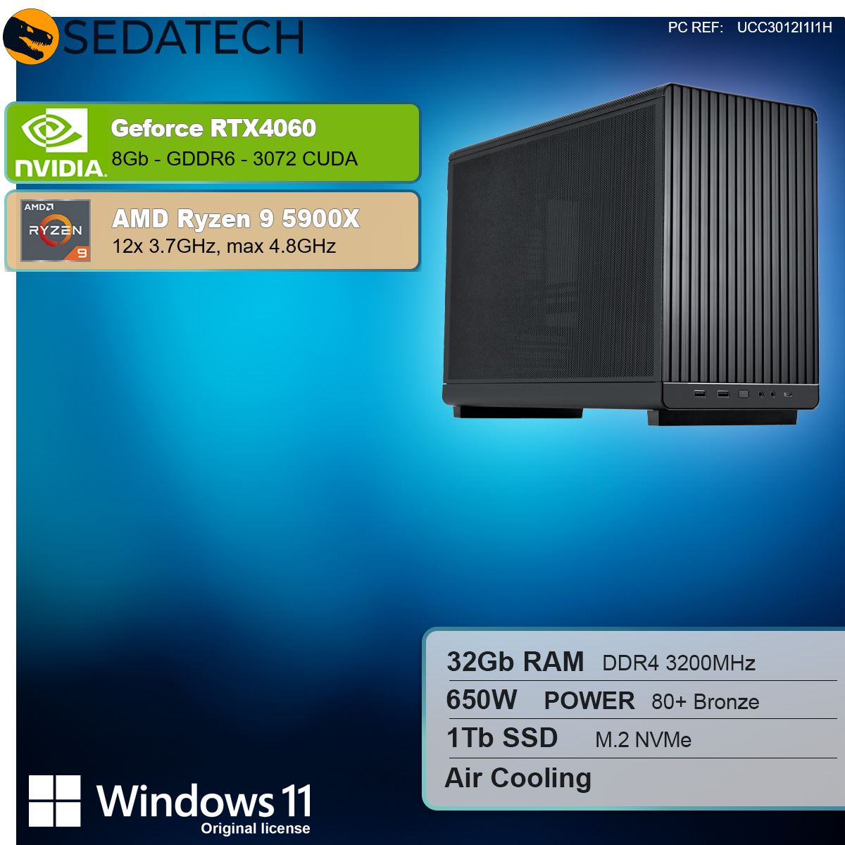 Case per computer nero con testo laterale. Scheda grafica e lista componenti. Sfondo blu.