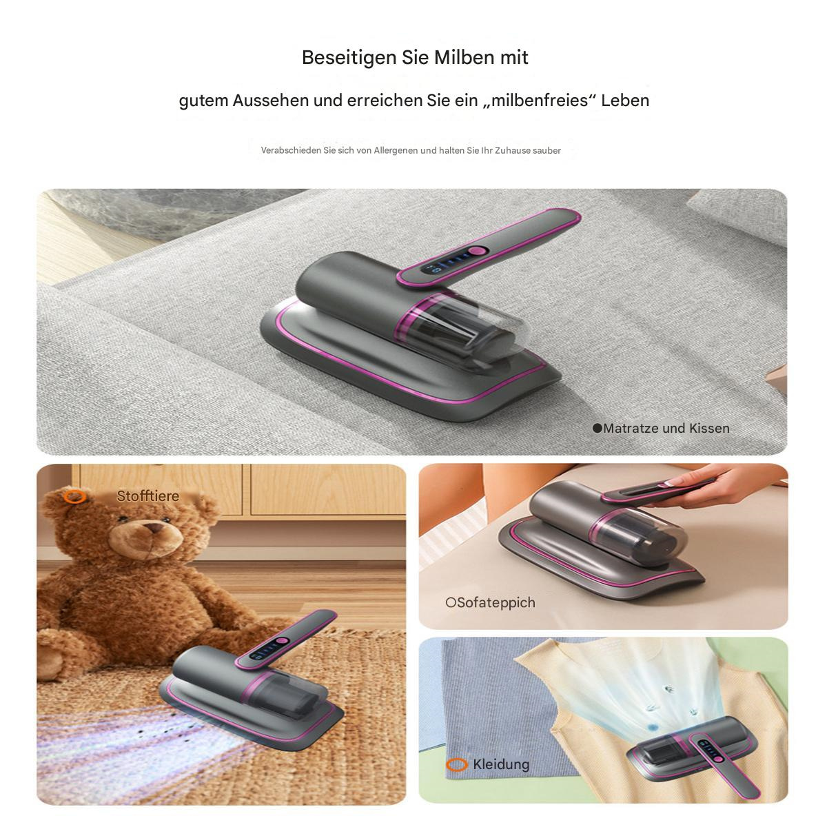 Milbenstaubsauger auf Sofa. Das Bild zeigt das Gerät in Gebrauch und seine Anwendungen.