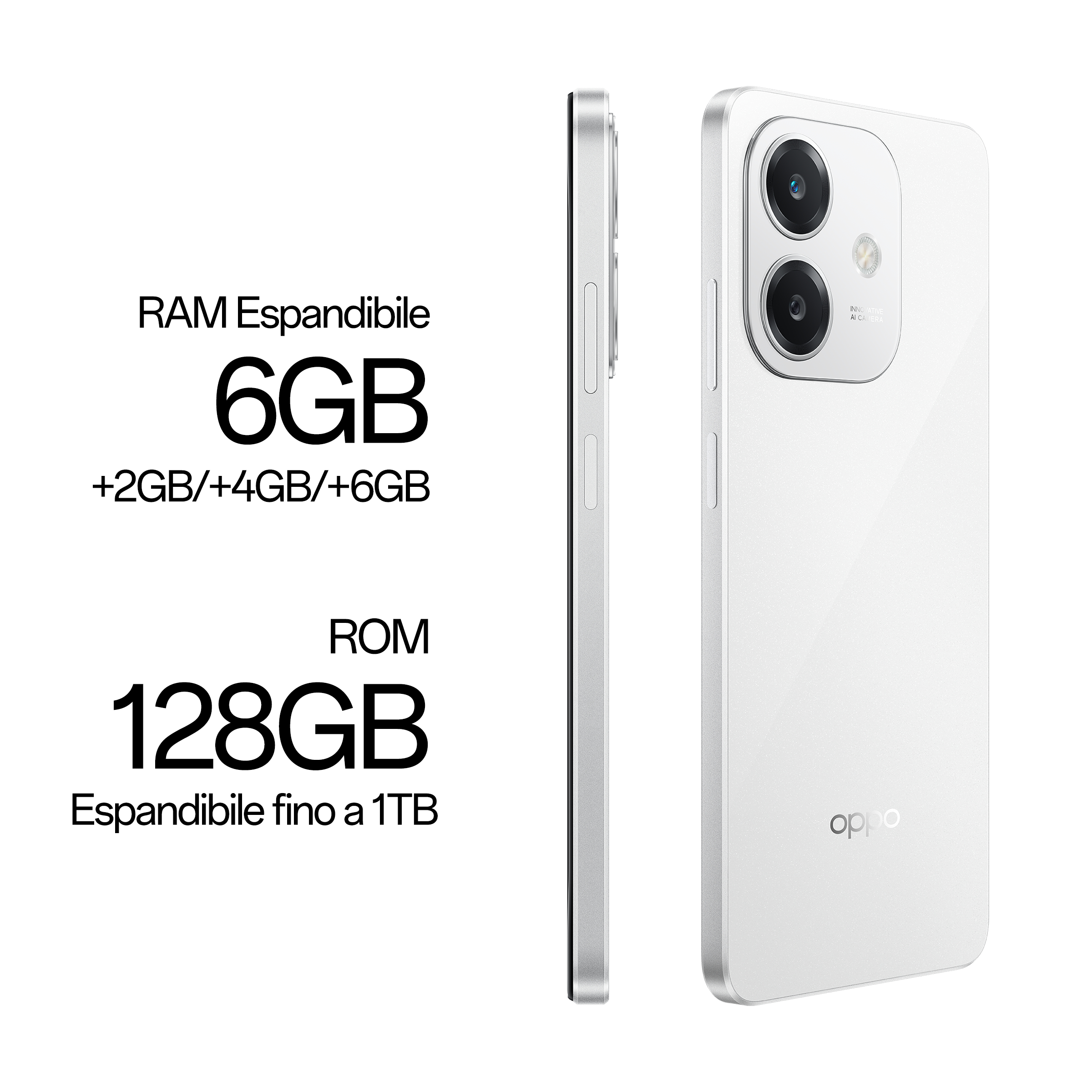 Smartphone blanco, vista lateral y trasera. RAM expandible a 6GB, almacenamiento 128GB, expandible a 1TB.