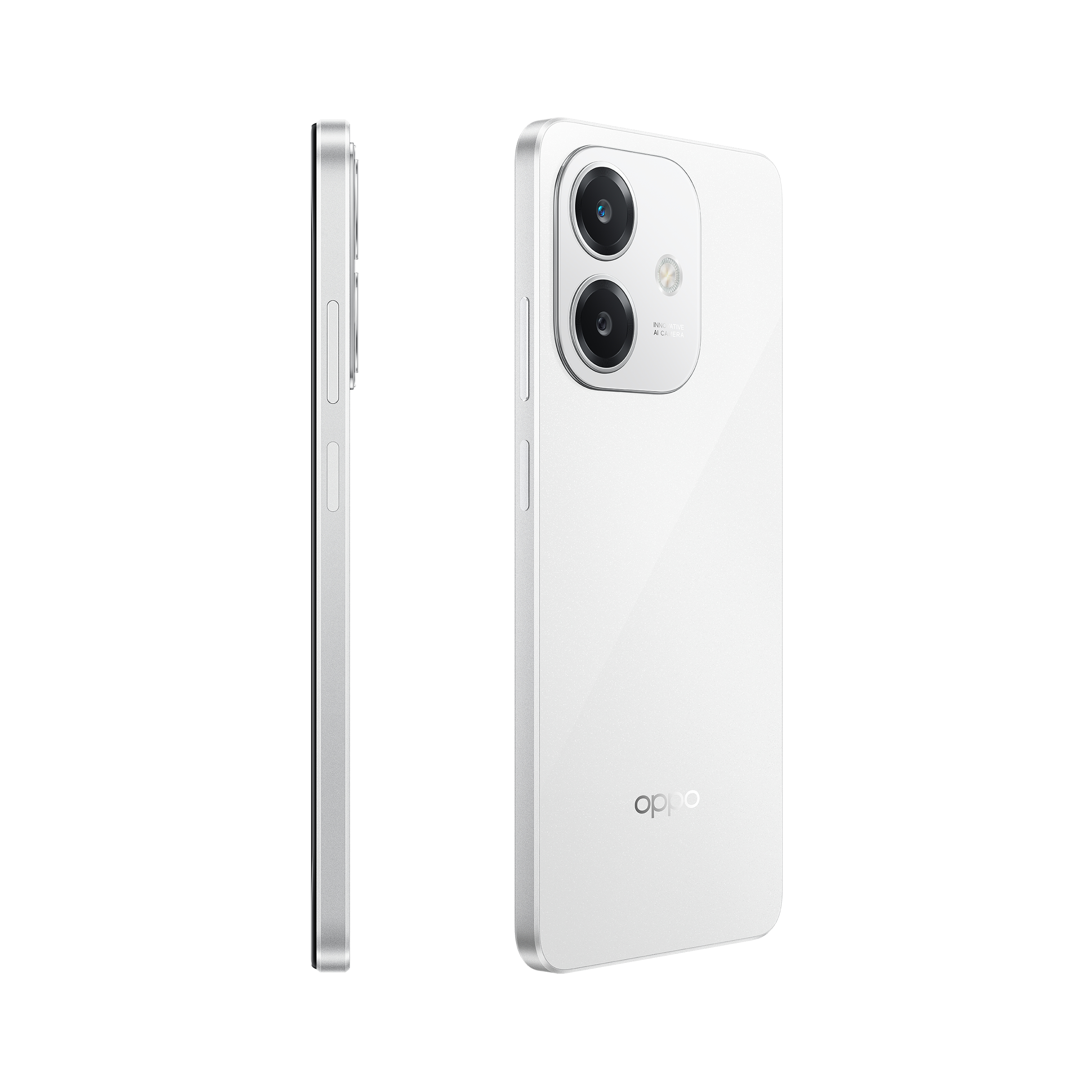 Un teléfono inteligente blanco, visto de lado y ligeramente angulado, con dos cámaras traseras.