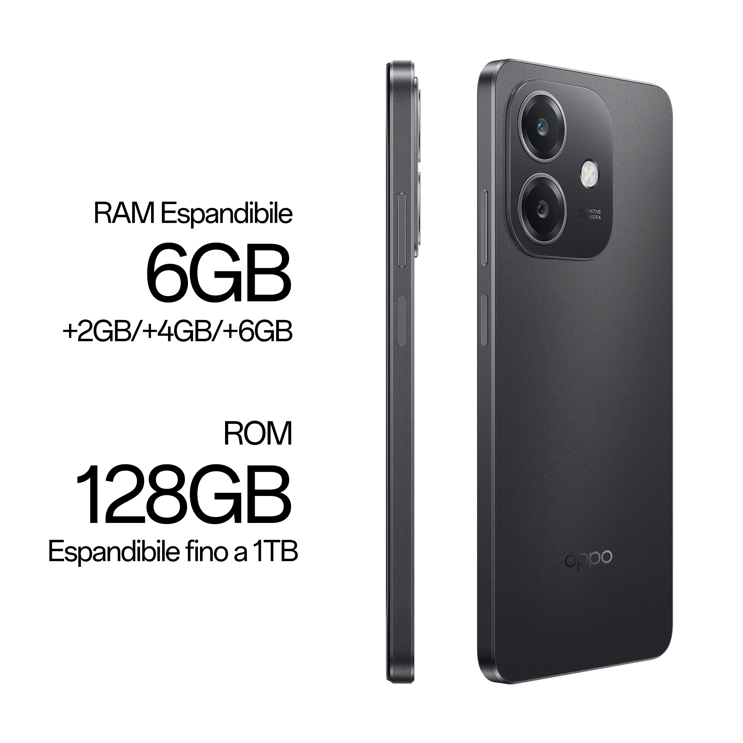 Smartphone nero di lato e frontale. Mostra 6GB RAM e 128GB ROM, espandibile a 1TB.