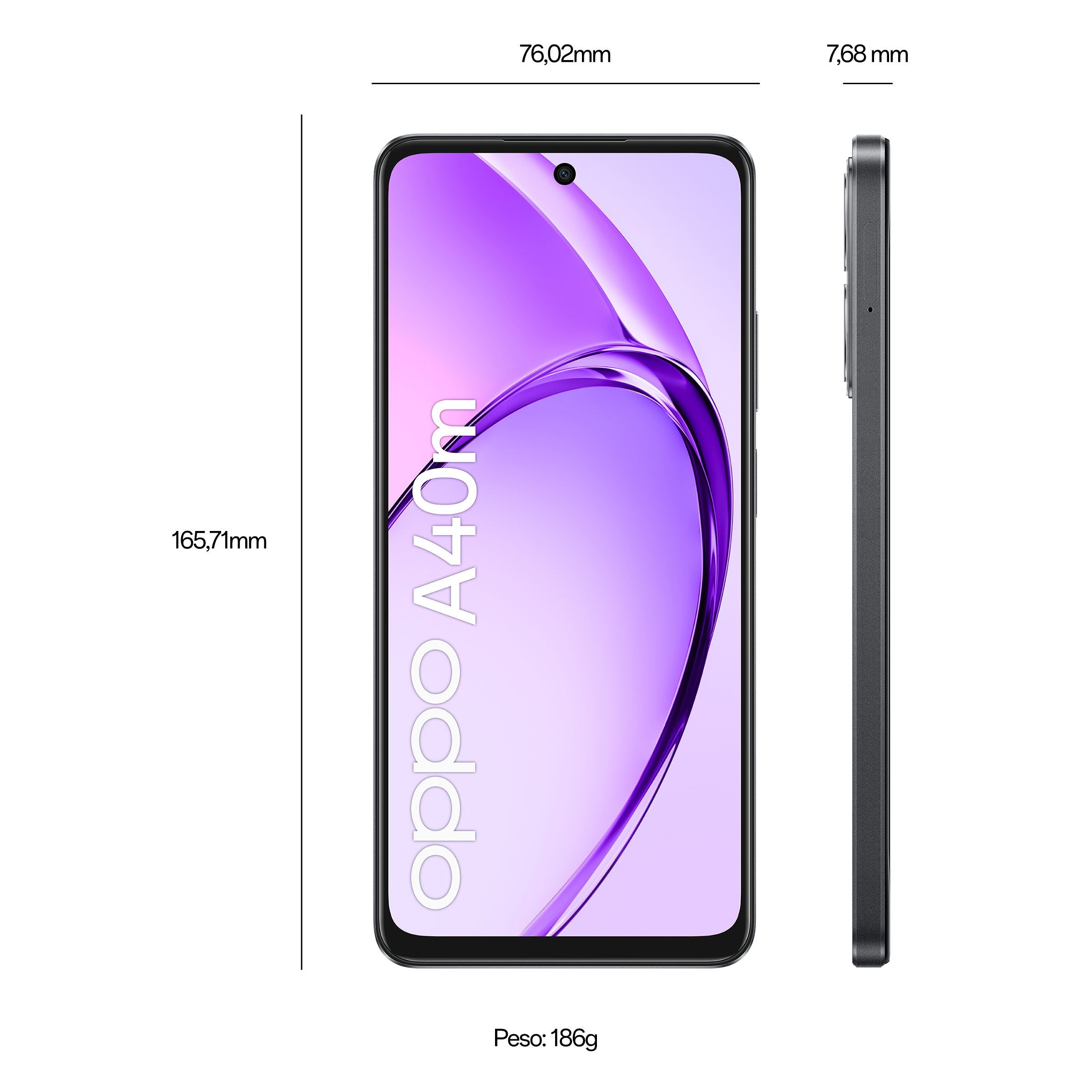 Smartphone mostrando vistas frontal y lateral; dimensiones y peso mostrados.
