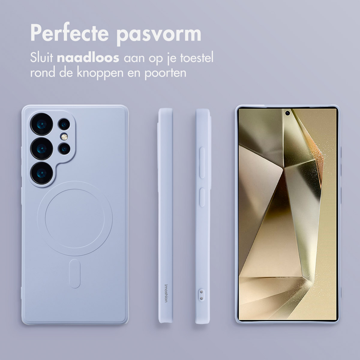 Telefoonhoesje met drie componenten die de hoes en de telefoon laten zien. De achtergrond is lichtblauw.