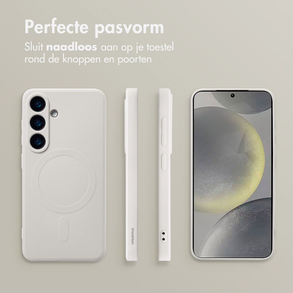 Een witte telefoonhoes en telefoon worden weergegeven. De telefoon zit in een hoesje en er liggen nog twee andere hoesjes naast.