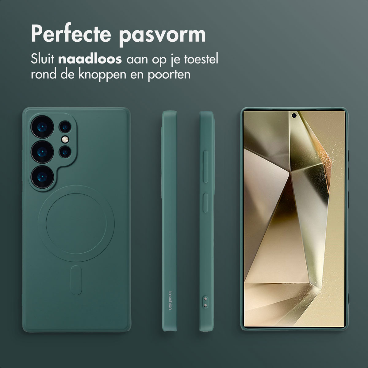 Groene telefoonhoesjes. Eén op de achterkant, twee op de zijkanten en één met scherm.