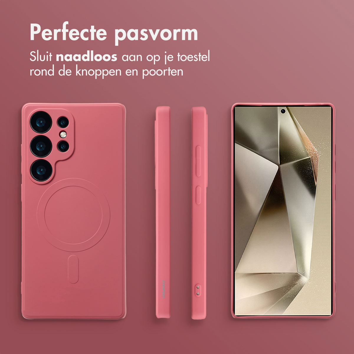Drie telefoonhoesjes in roze, die de voorkant, zijkanten en achterkant van de telefoon laten zien.