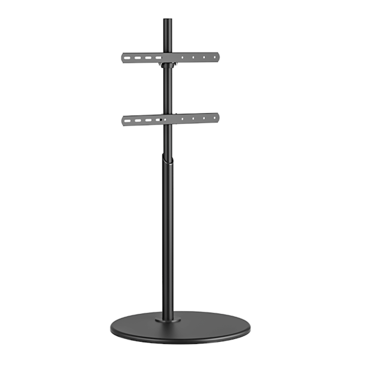 Black TV stand, metal frame, round base, with two brackets for mounting.