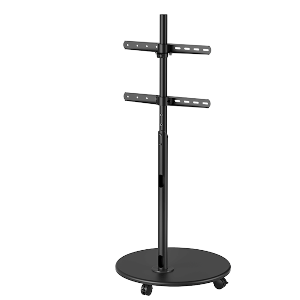 A black TV stand on wheels, with two brackets to hold a TV.