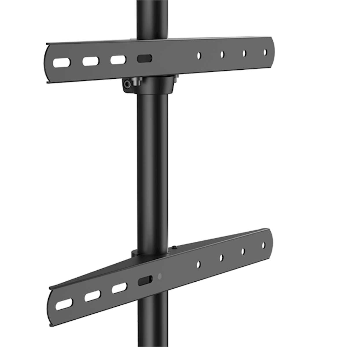 Black TV stand with two horizontal arms and a central pole.