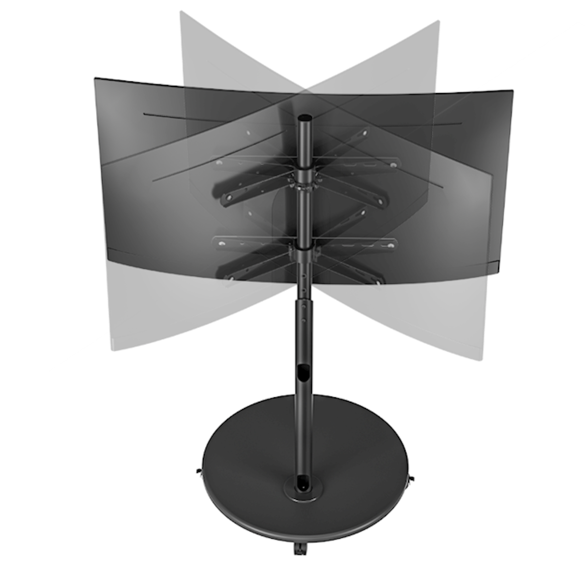 A black curved monitor on a stand. The monitor can rotate. White background.