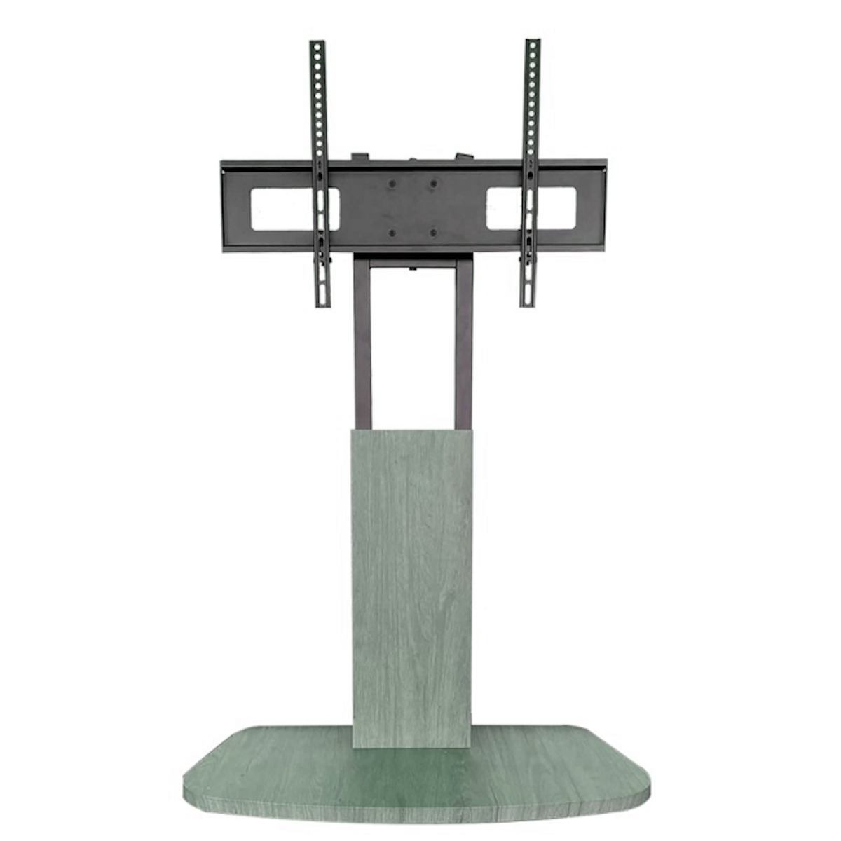 TV stand with a wooden base and a black metal frame.