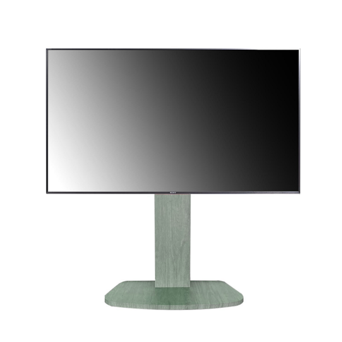Large TV on a wooden stand, black screen.