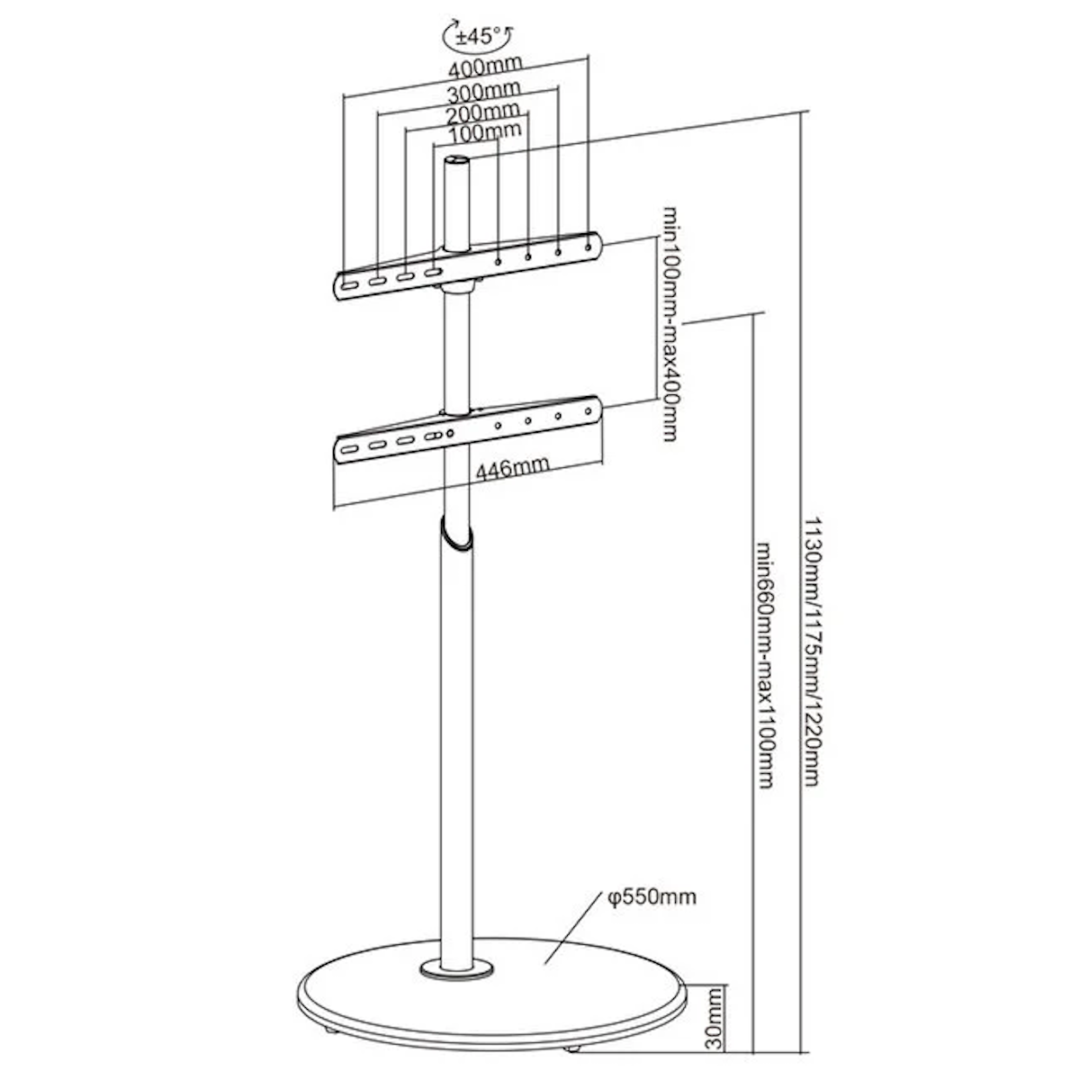 A metal TV stand with adjustable height, featuring a round base and two shelves.