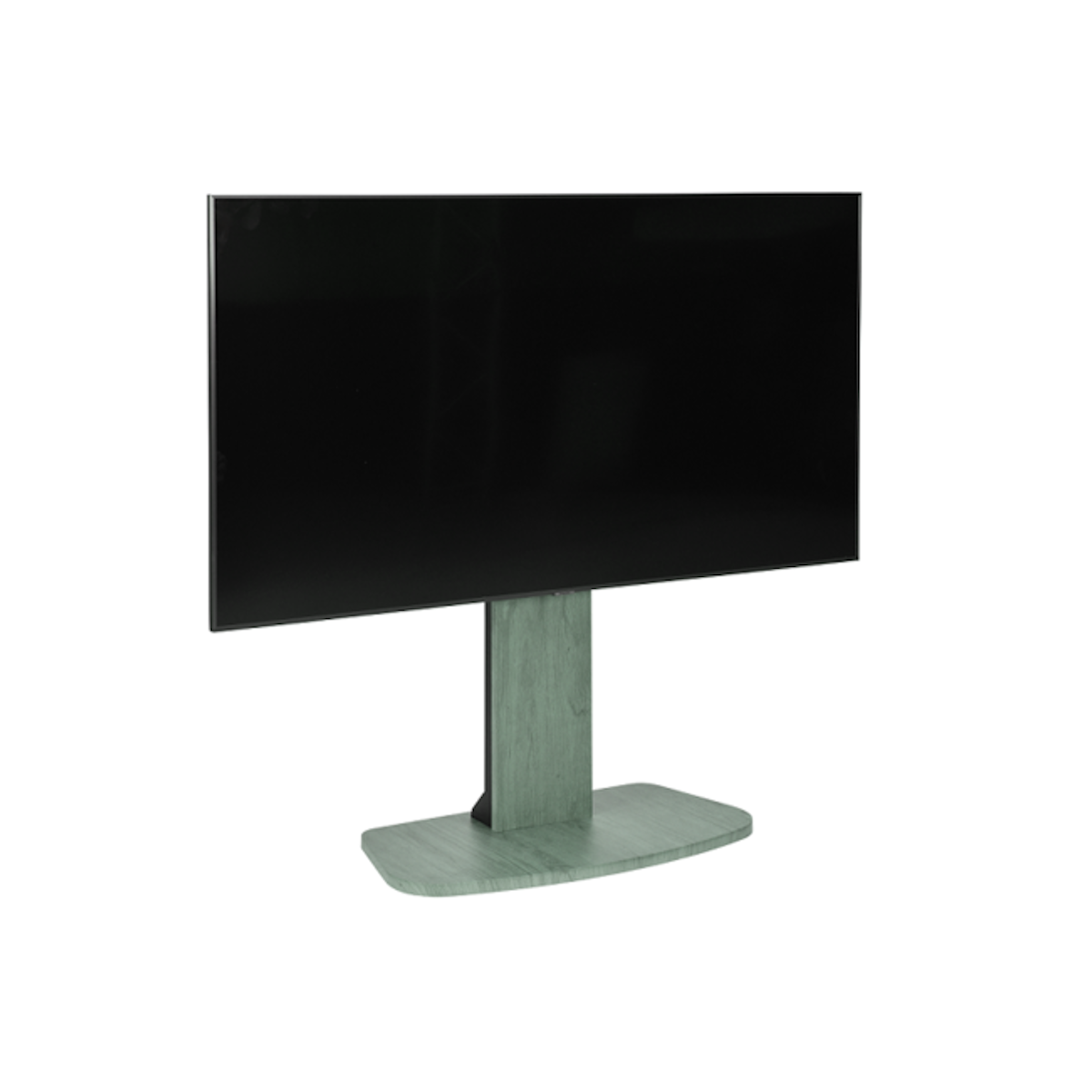 A large black TV screen mounted on a wooden stand, on a white background.