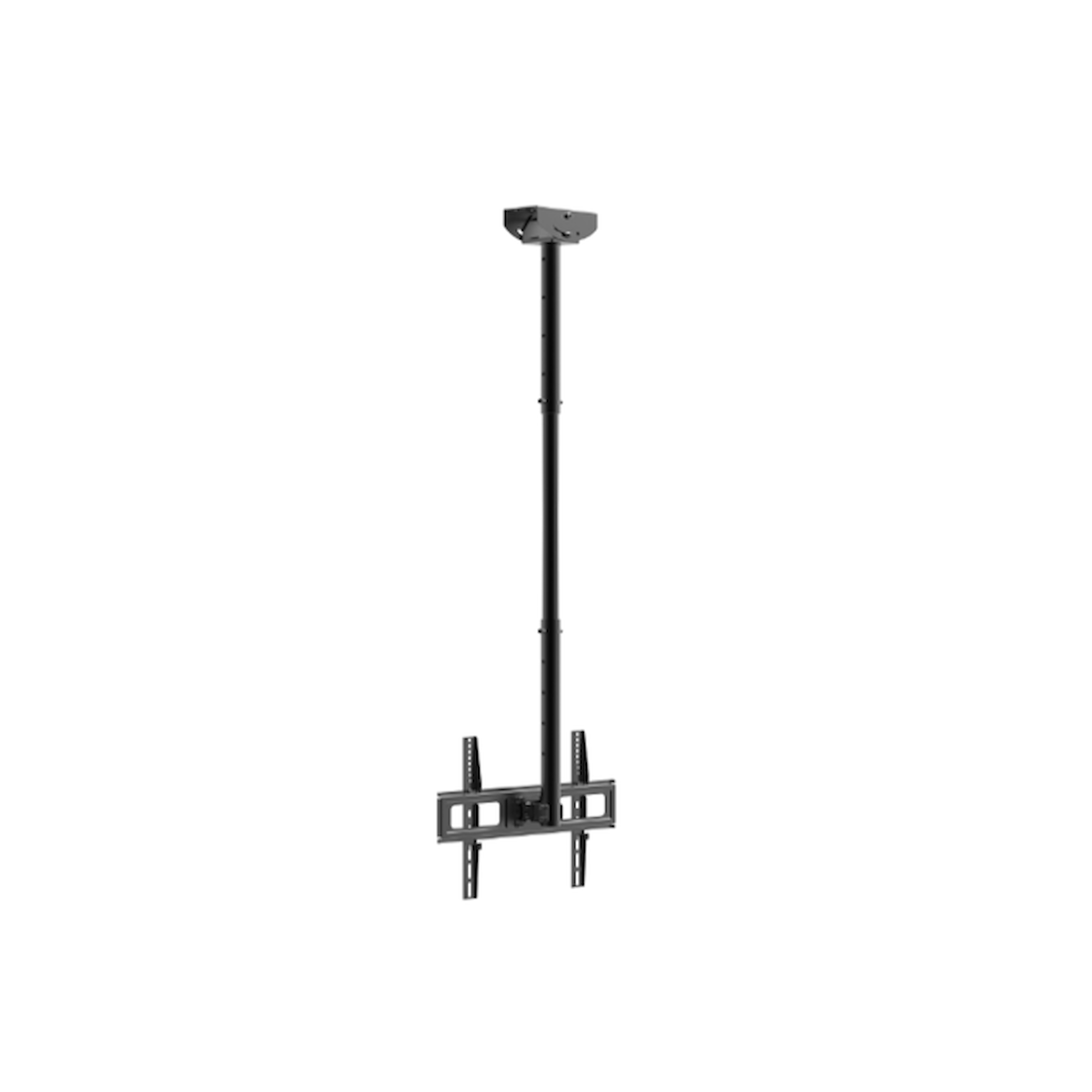 Black TV stand on wheels. Includes shelf. White background.