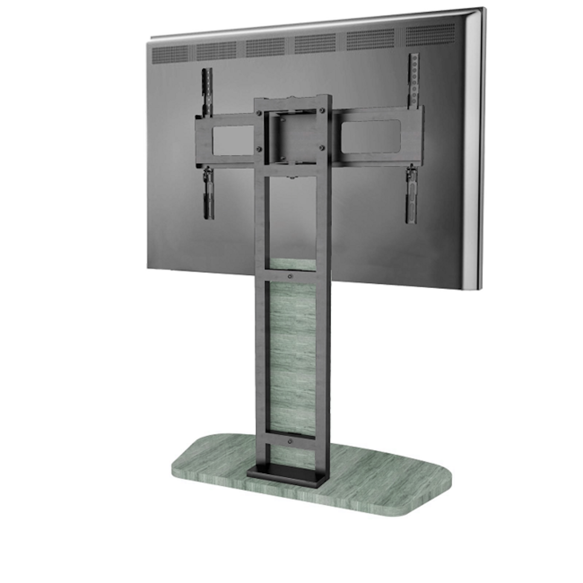 TV stand with a large television mounted on the back.