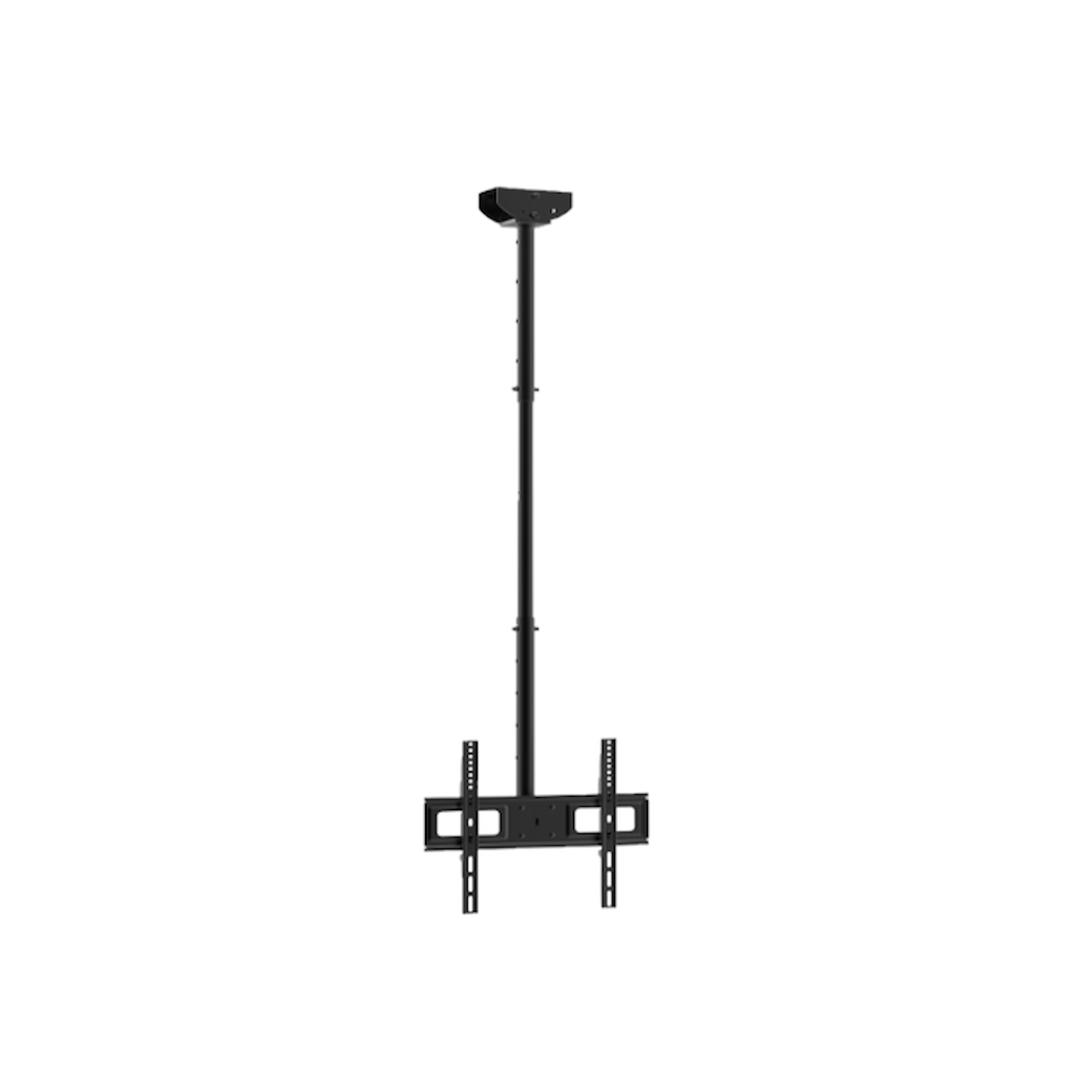 Black ceiling mount for a TV, with a vertical pole.
