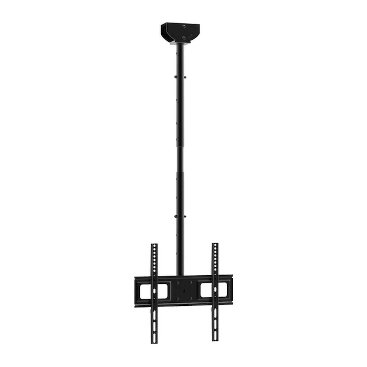 Black ceiling mount for a TV, adjustable and suspended from the ceiling.