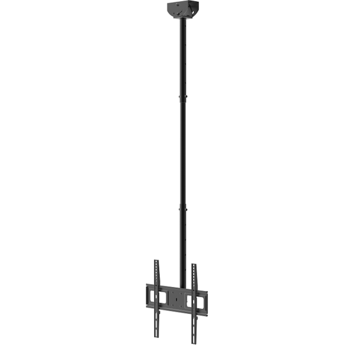 Black TV mount suspended from ceiling, with mounting brackets.