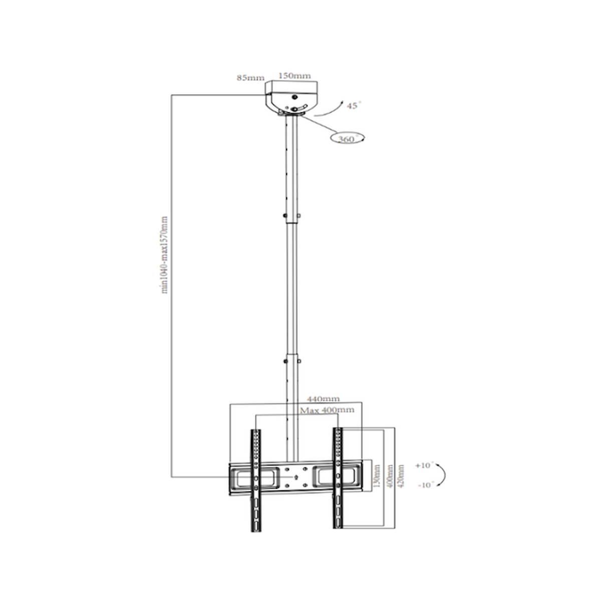 Diagram of a ceiling mount for a TV. Shows dimensions and mounting details.