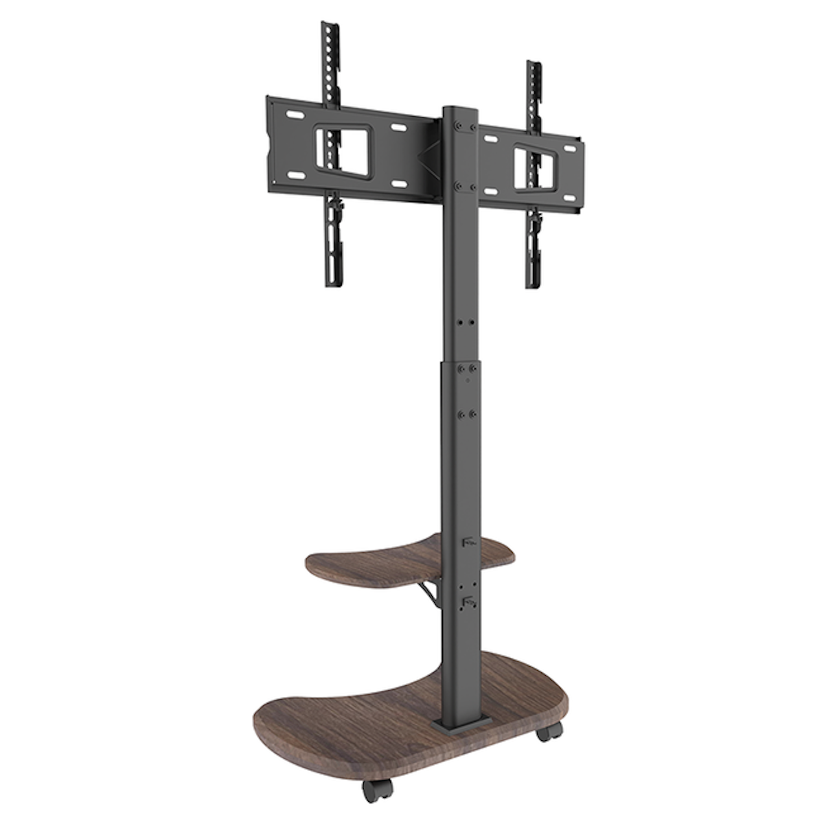 TV stand. Black metal frame, wood shelves and base, with wheels.