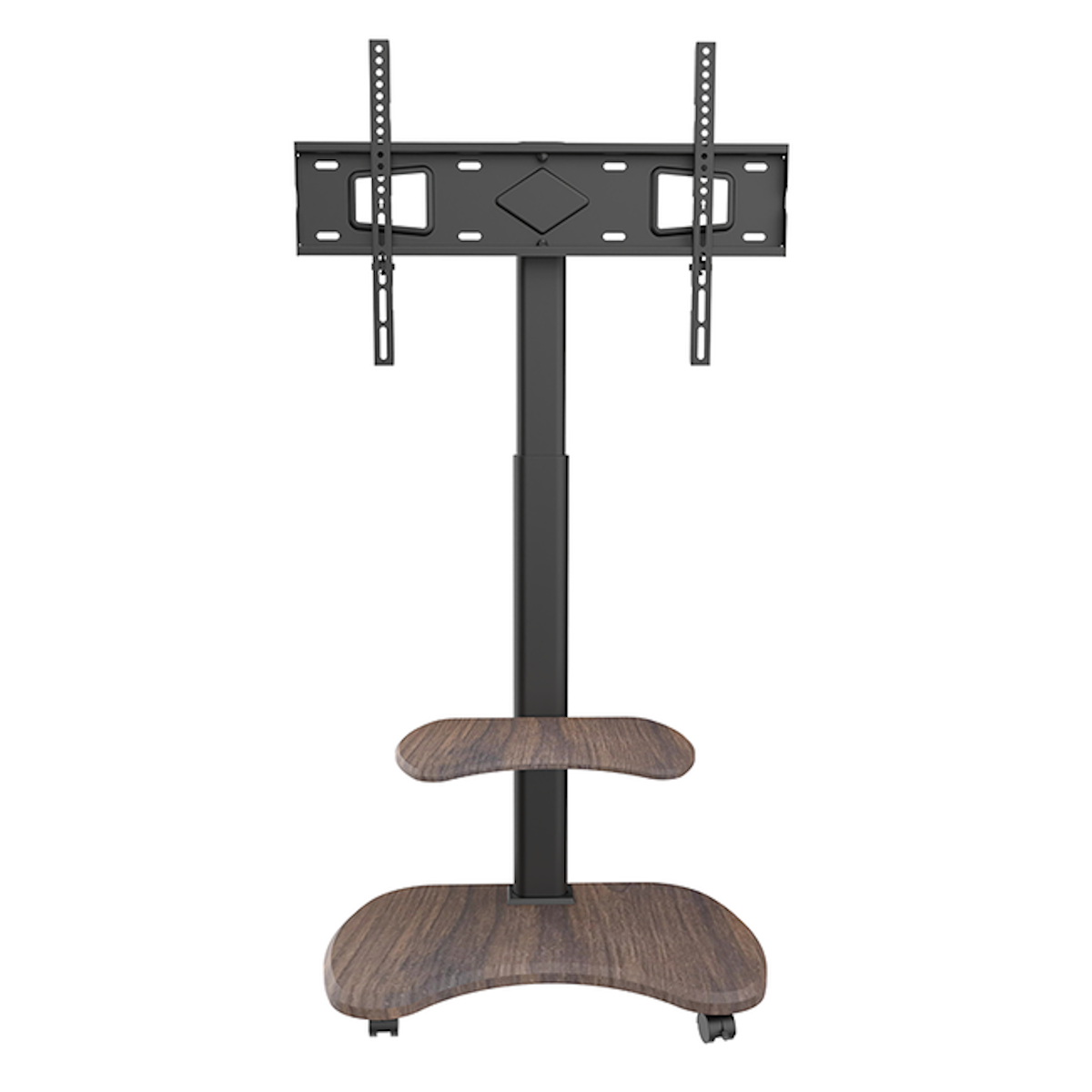 A black and brown TV stand with two shelves and wheels, isolated on white.